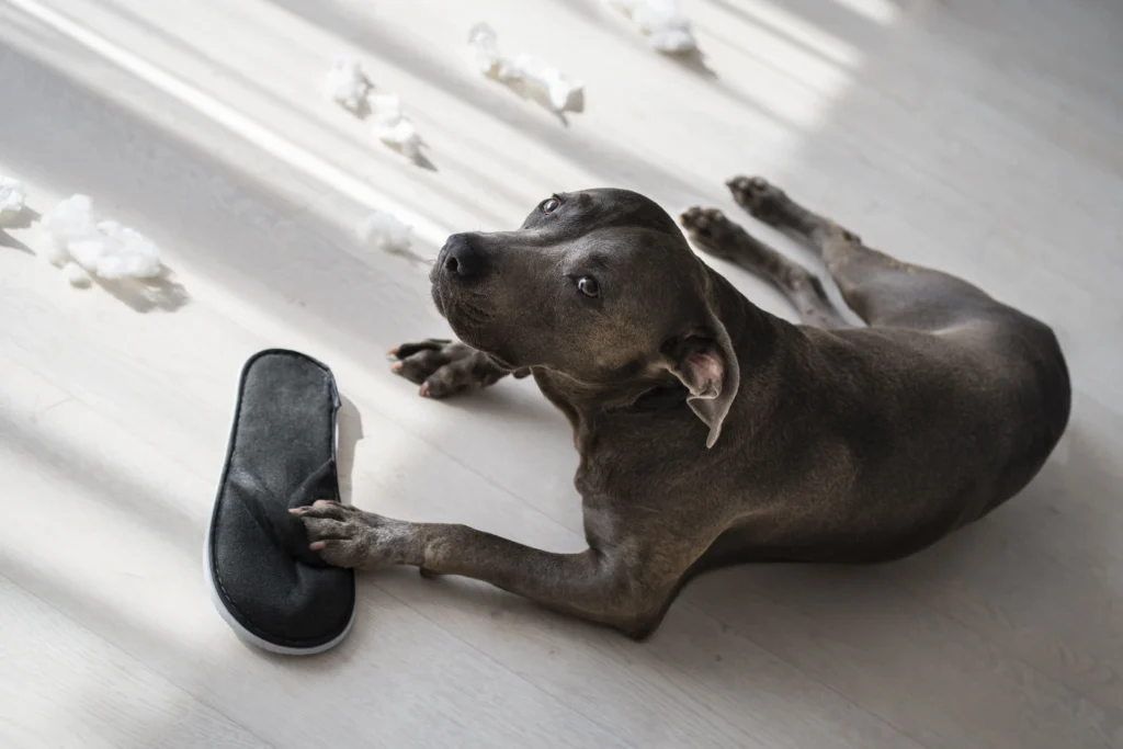 Cachorro entediado destruindo chinelo