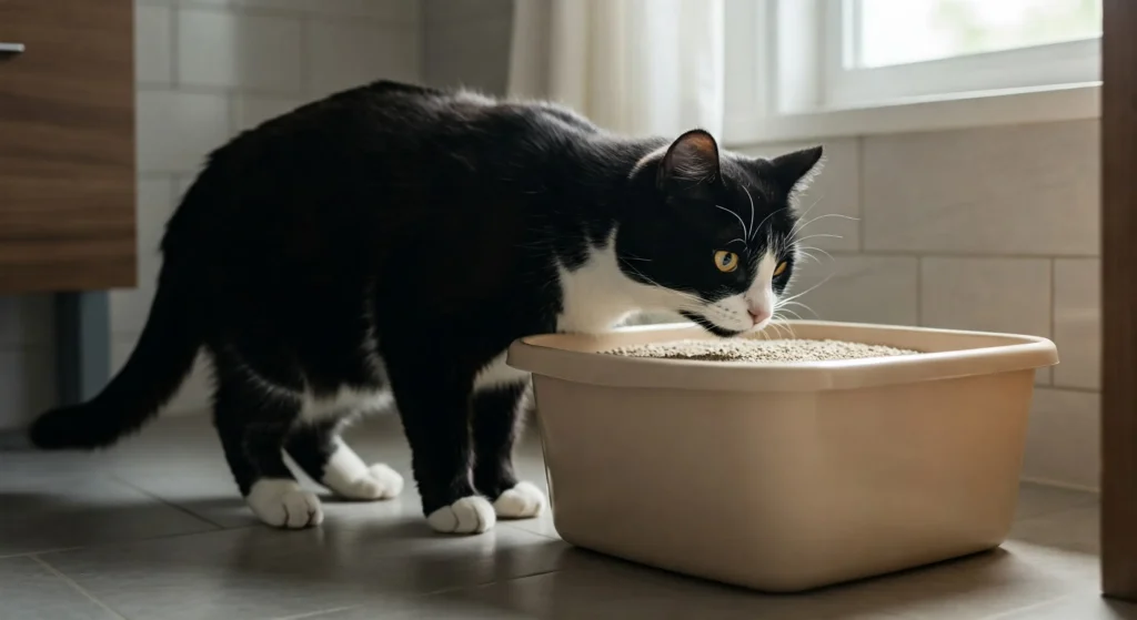 Gato cheirando caixa de areia