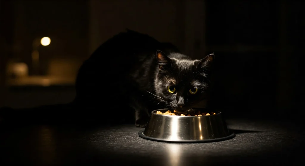 Gato comendo comida de noite