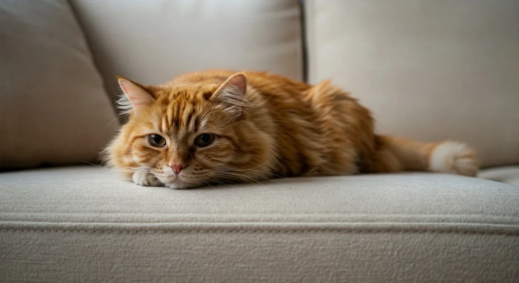 Gato deitado com problema digestivo