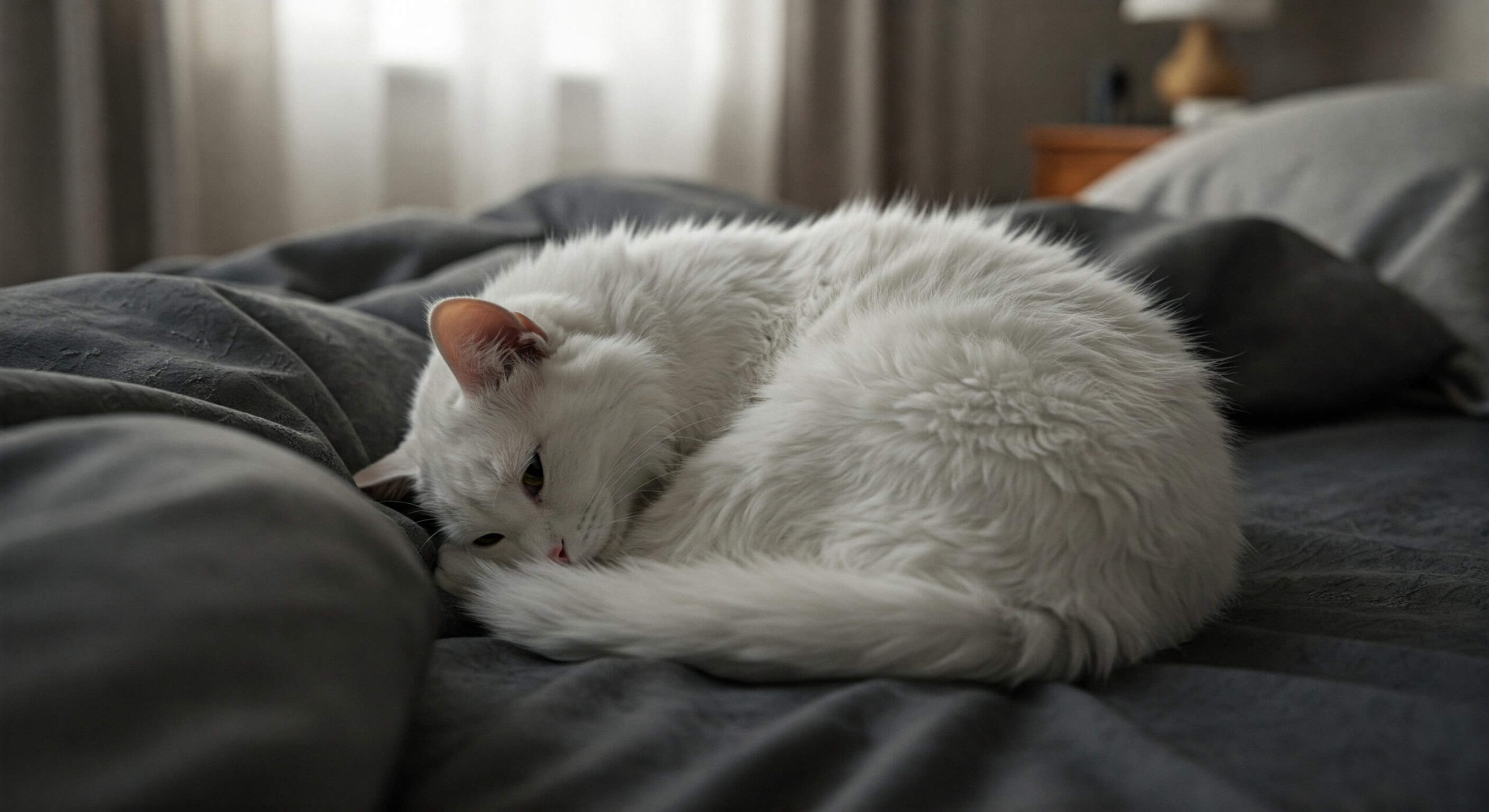 Gato deitado na cama com frio