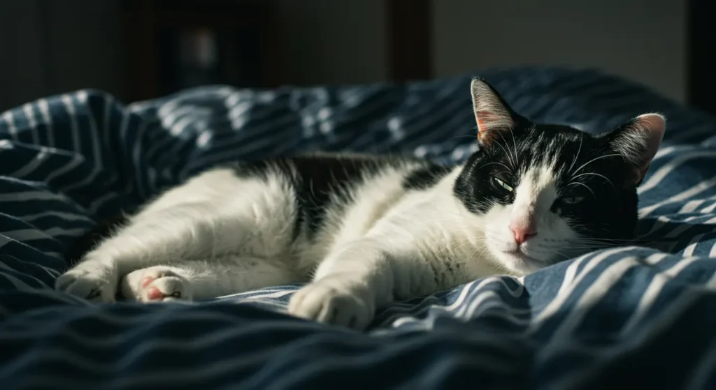 Gato calmo deitado na cama