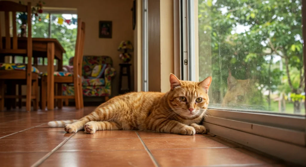 Gato deitado perto da porta