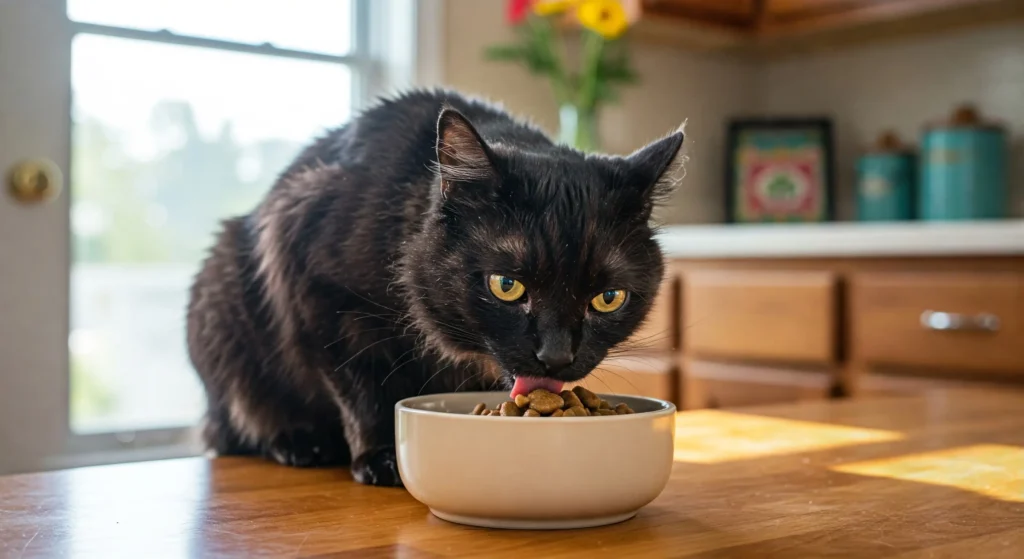 Gato idoso comendo comida de gatos