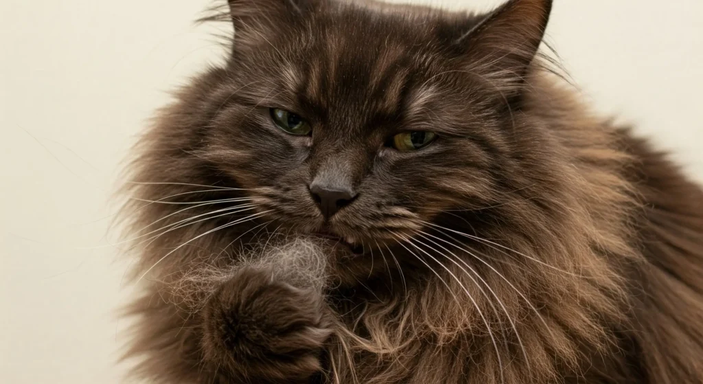 Gato lambendo bolas de pelo