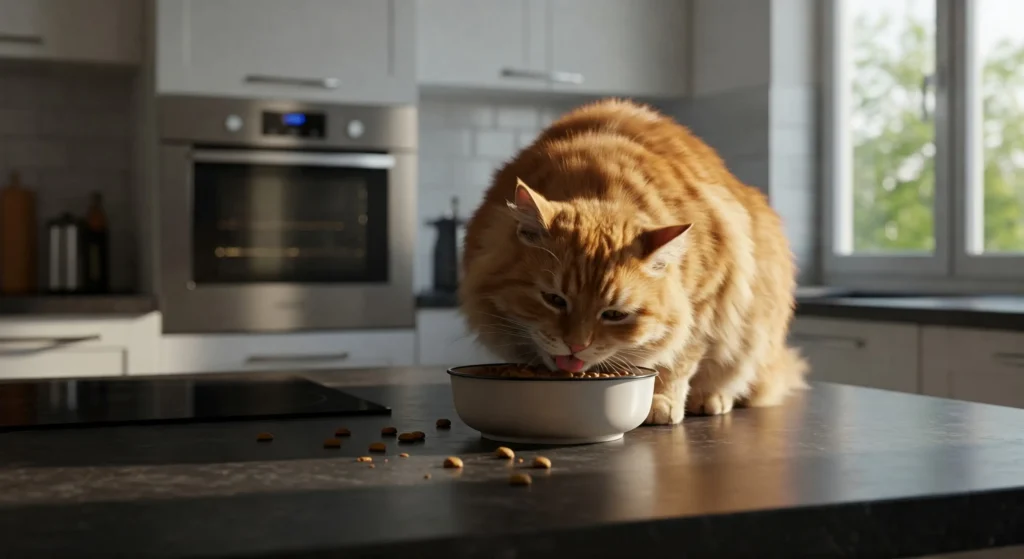 Gato obeso comendo comida