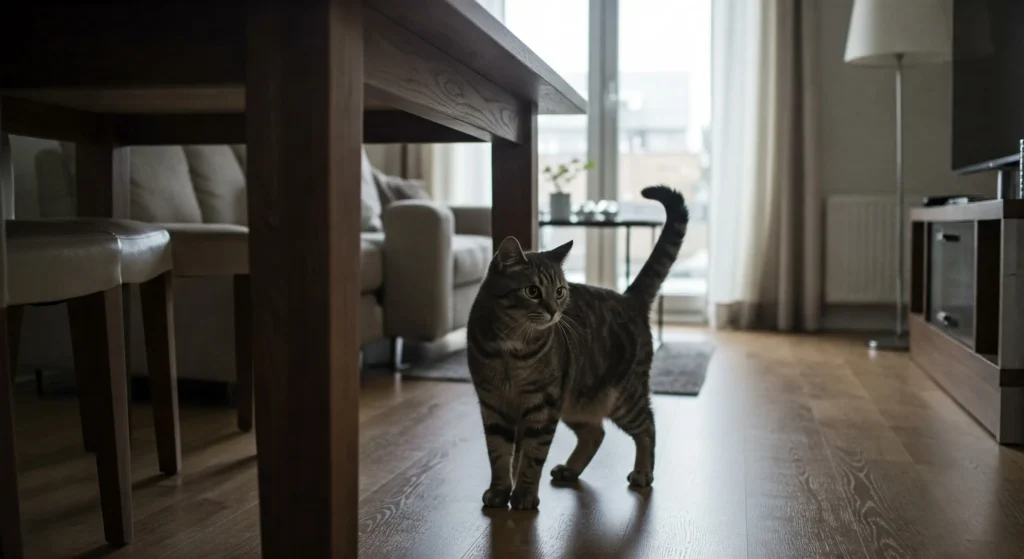 Gato perto de uma mesa