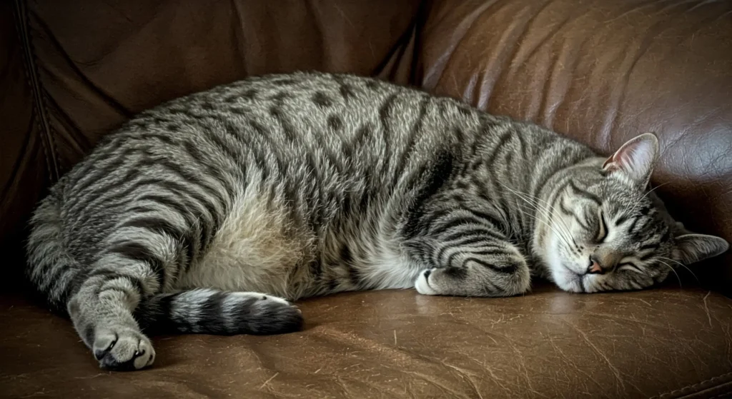 gato obeso dormindo no sofá